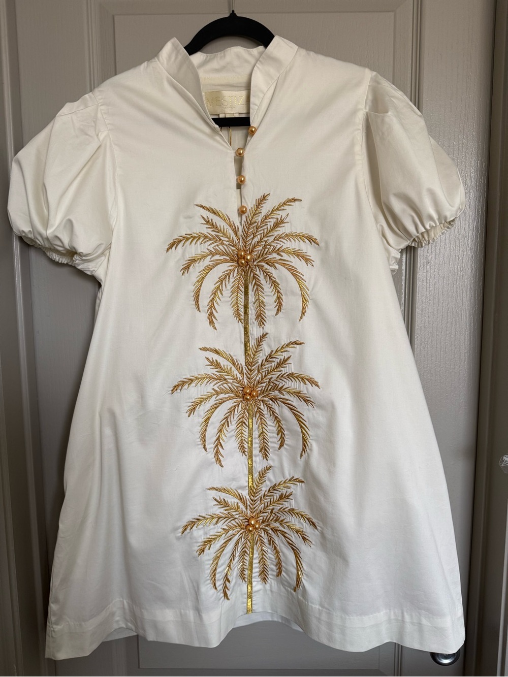 Mestiza Elliana Dress Large Palm Tree Embroidery Short Puff Sleeve Ivory Gold - Picture 3 of 7